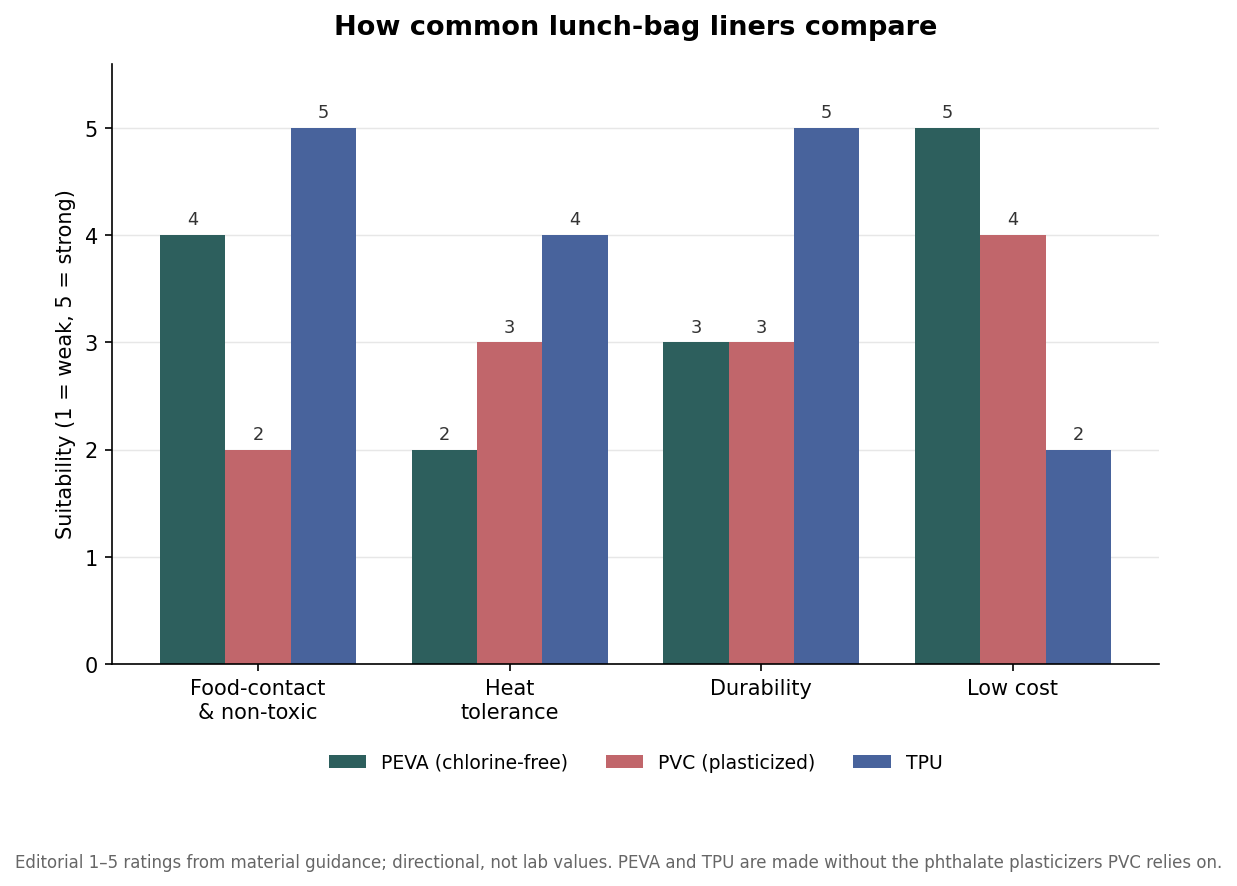 Grouped bar chart comparing PEVA, PVC, and TPU lunch bag liners on food-contact safety, heat tolerance, durability, and cost